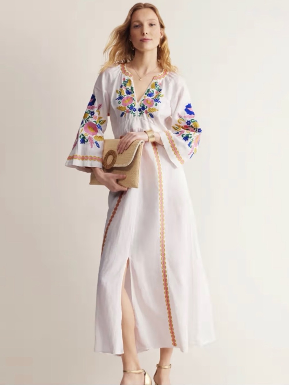 Boden Una Linen Embroidered Caftan Maxi Dress. Size: 8 - Picture 4 of 16